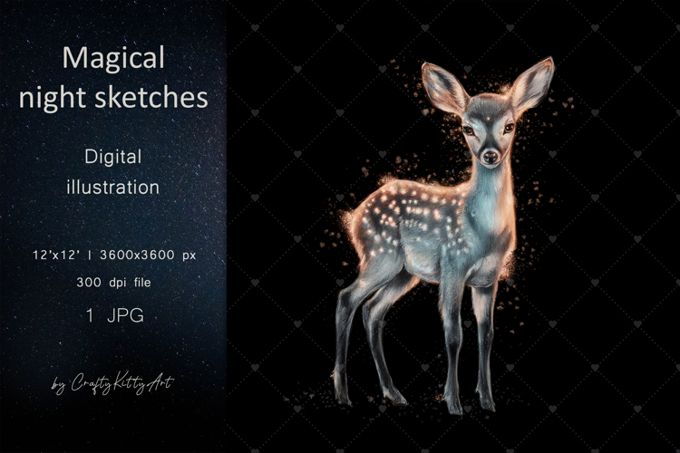 Magical fawn deer dark pencil art JPG printable illustration