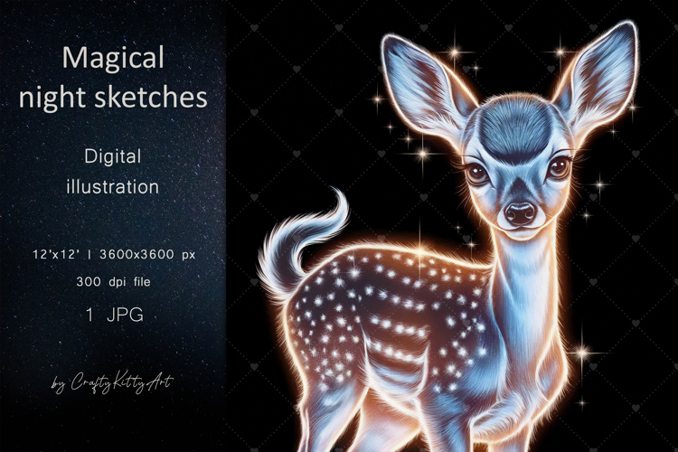 Magical fawn deer dark pencil art JPG printable illustration