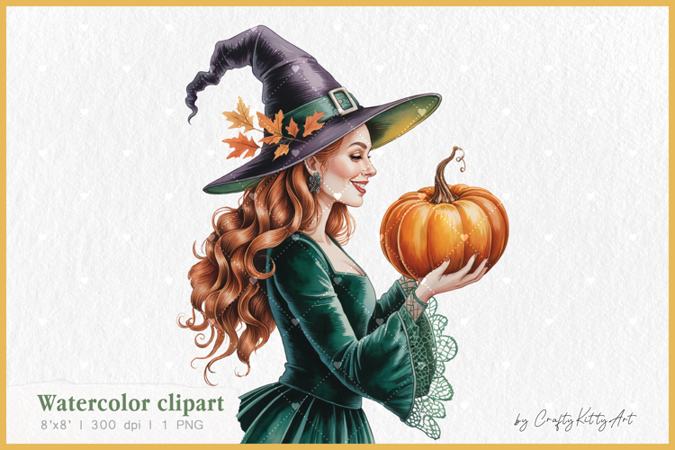 Witch PNG sublimation clipart, Watercolor Halloween clipart