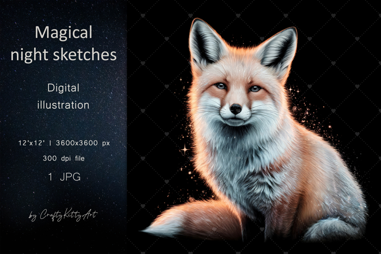 Magical fox dark pencil art JPG printable illustration