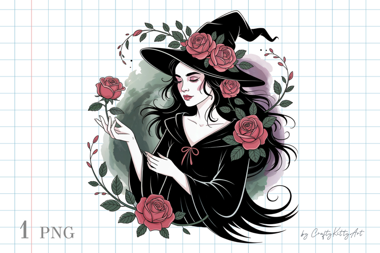 Witch lady PNG sublimation clipart, Floral rose tattoo print
