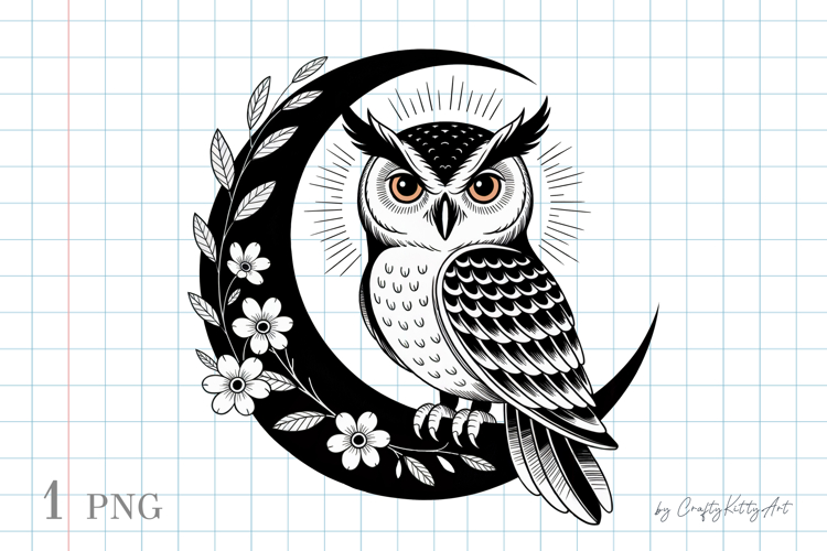 Owl flower moon PNG sublimation clipart, Tattoo print style
