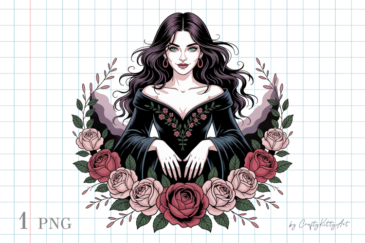 Witch girl PNG sublimation clipart, Floral rose tattoo print