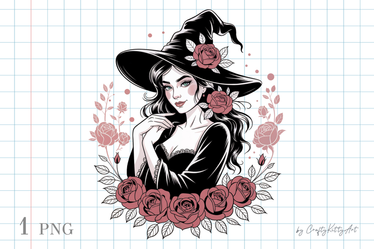 Witch lady PNG sublimation clipart, Floral rose tattoo print