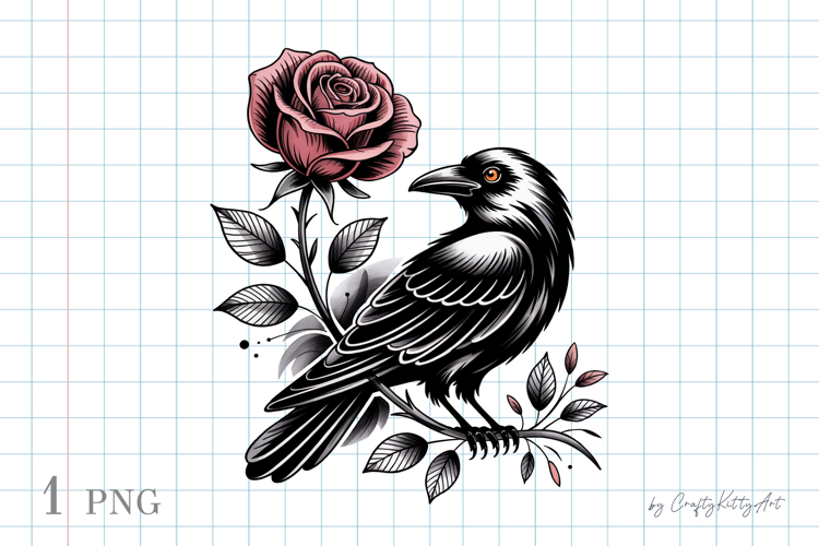 Raven & rose PNG sublimation clipart, Floral tattoo print