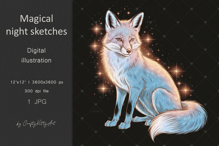 Magical fox dark pencil art JPG printable illustration