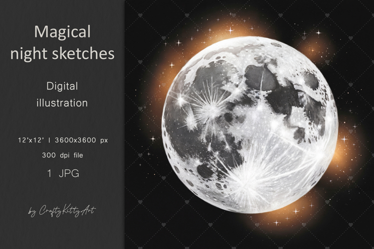 Magical full moon dark pencil art JPG printable illustration