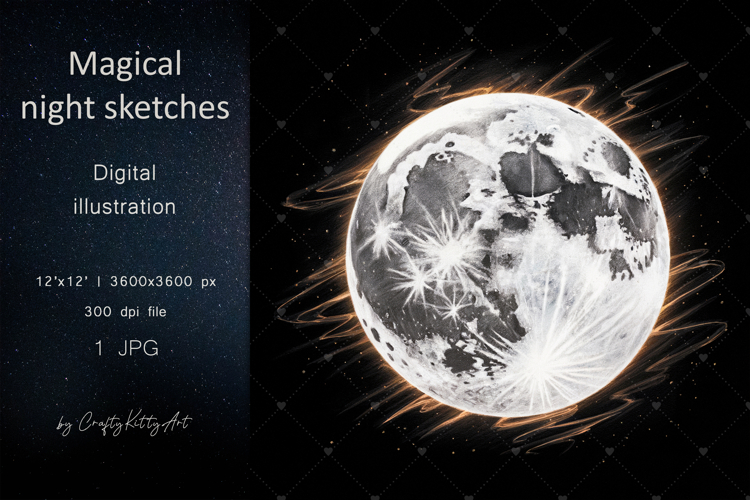 Magical full moon dark pencil art JPG printable illustration
