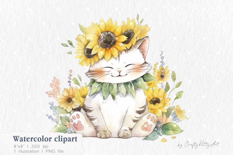 Sunflower Cat, Cute Autumn Clipart, Watercolor PNG clipart
