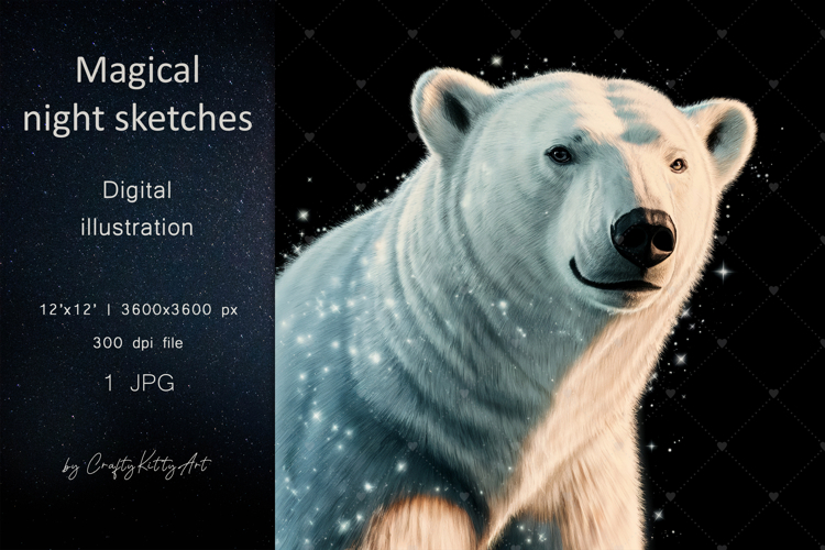 Magic polar bear dark pencil art JPG printable illustration