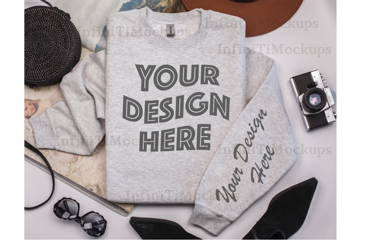 Ash Gildan 18000 Grey Sweatshirt mockup flat lay Aesthetic