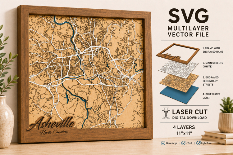 Asheville Layered City Map SVG | 4 Layer Laser Cut SVG