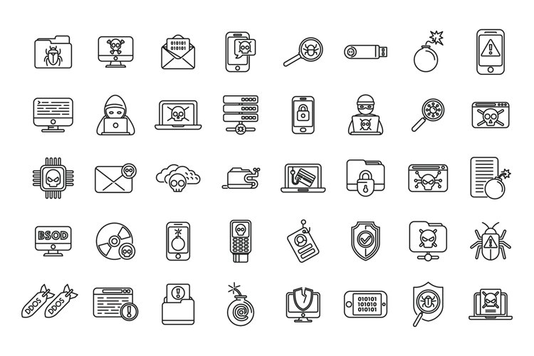 Malware icons set outline vector. Cyber attack example image 1