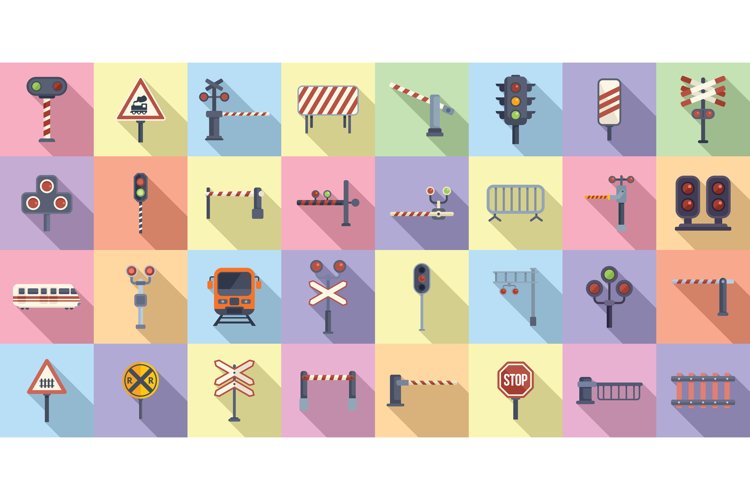 Railway crossing icons set flat vector. Signal alert example image 1