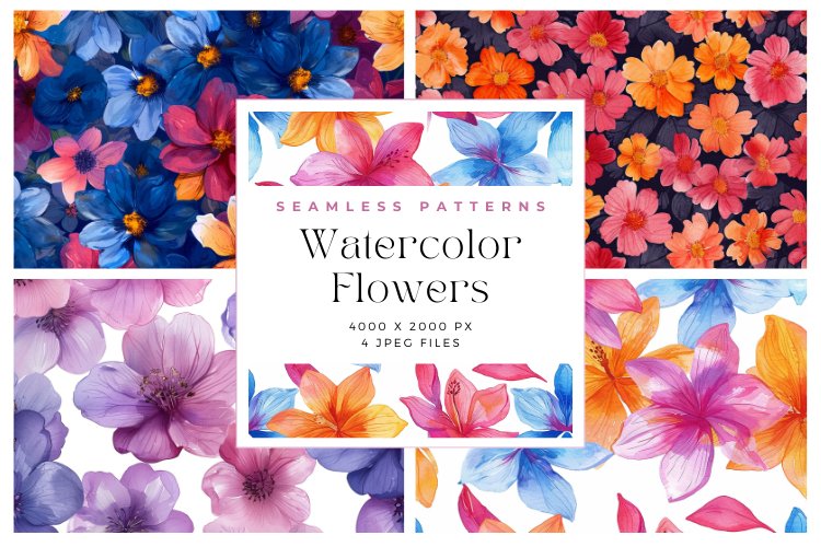Assorted Watercolor Flowers Seamless Patterns