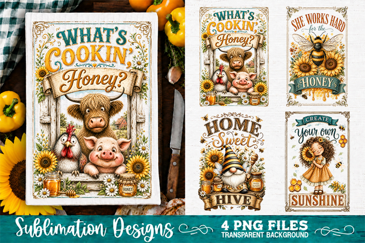 Sunflower Kitchen Towels PNG Sublimation Designs 4 Files example image 1