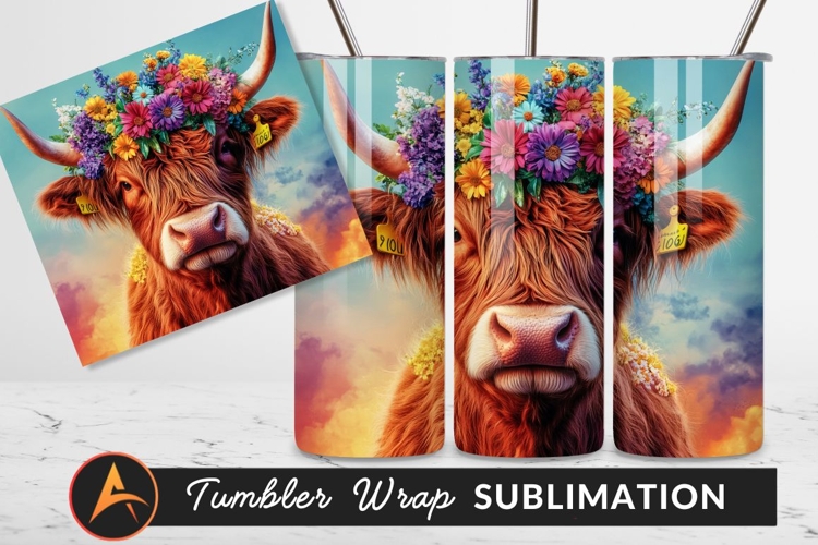 Highland Cow Flower Crown Colorful Portrait Tumbler