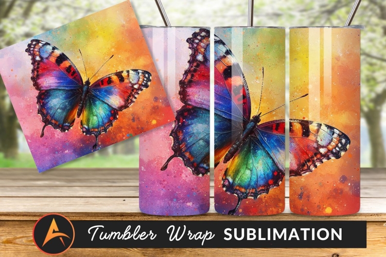 Colorful Butterfly On Watercolor Background Tumbler Png