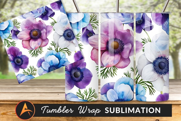 Watercolor Anemone Flower Seamless Pattern Tumbler Png
