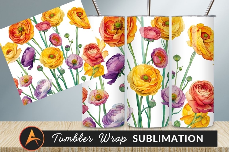 Watercolor Ranunculus Flowers Floral Pattern Tumbler Png