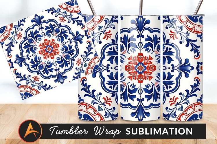 Portuguese Tile Pattern Blue And Red Tumbler Png