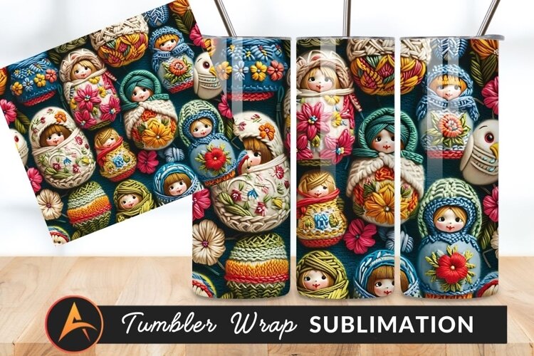 Colorful Knitted Dolls And Flowers Tumbler Png example image 1