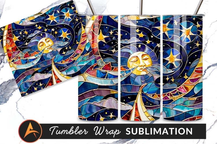 Stained Glass Moon Sun And Stars Tumbler Design