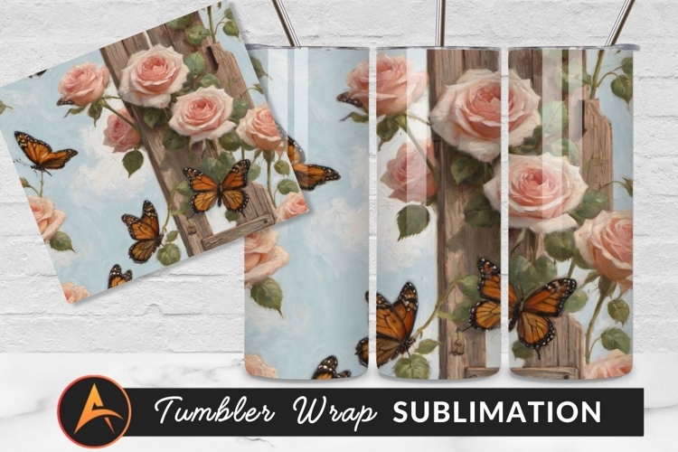 Peach Roses And Butterflies Tumbler Png
