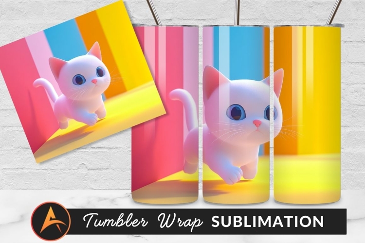 Cartoonish White Kitten On Colorful Background