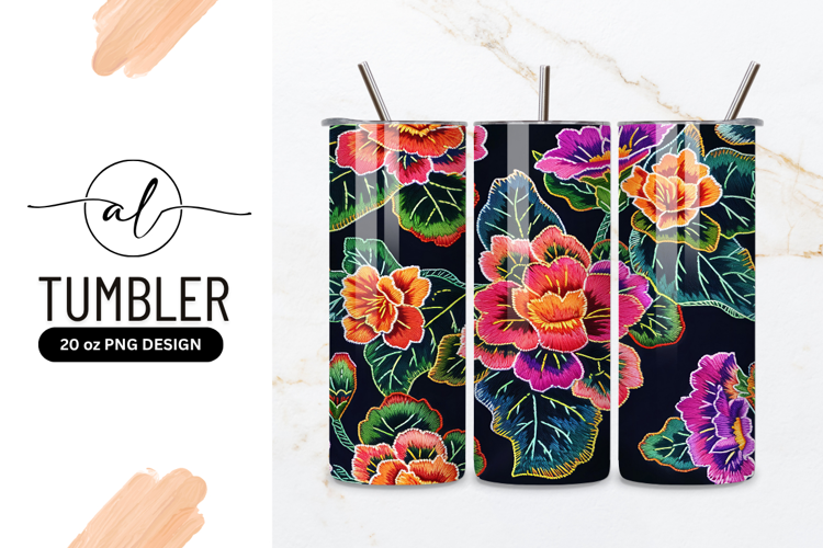 Embroidered Floral Pattern with Bright Colors on Black