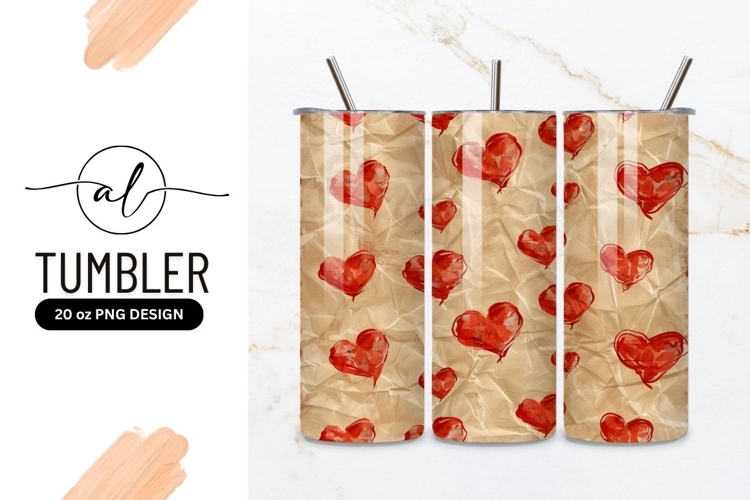 Watercolor Red Hearts on Crumpled Paper Background