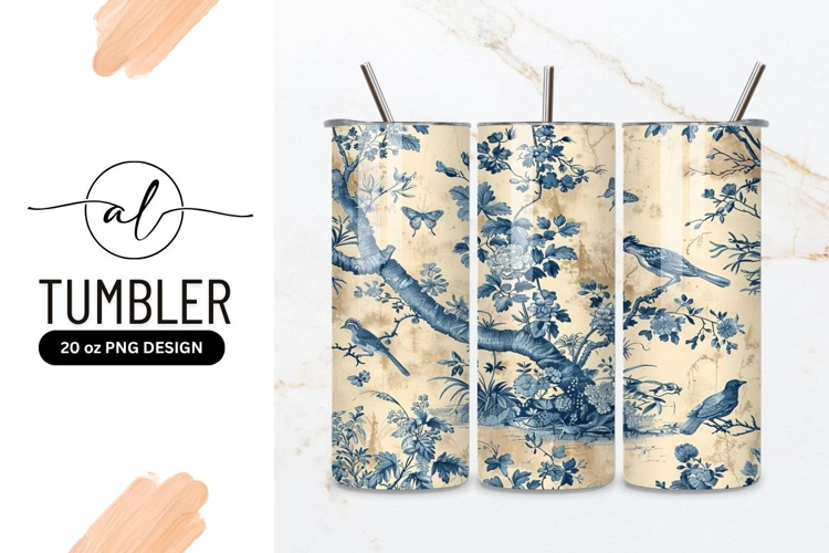 Blue and Cream Floral Toile Pattern with Birds Butterflies