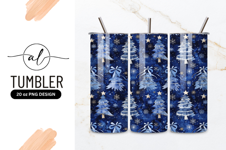 Watercolor Christmas Trees Seamless Pattern Blue Background