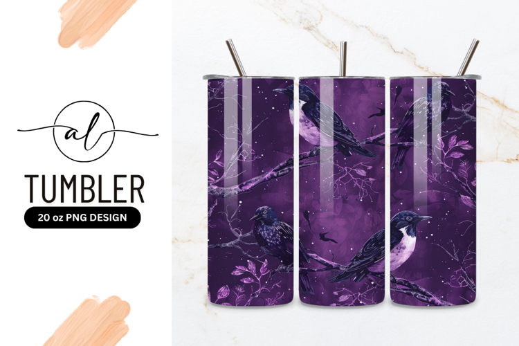 Purple Birds on Branches Illustration with Leaves and Stars