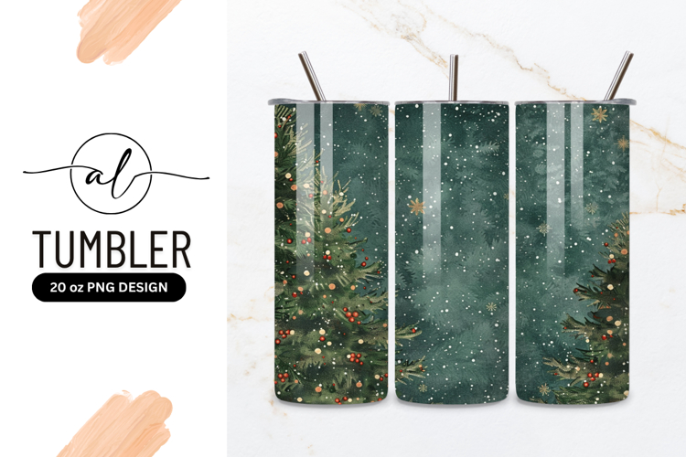 Christmas Trees with Ornaments and Snow on a Teal Green