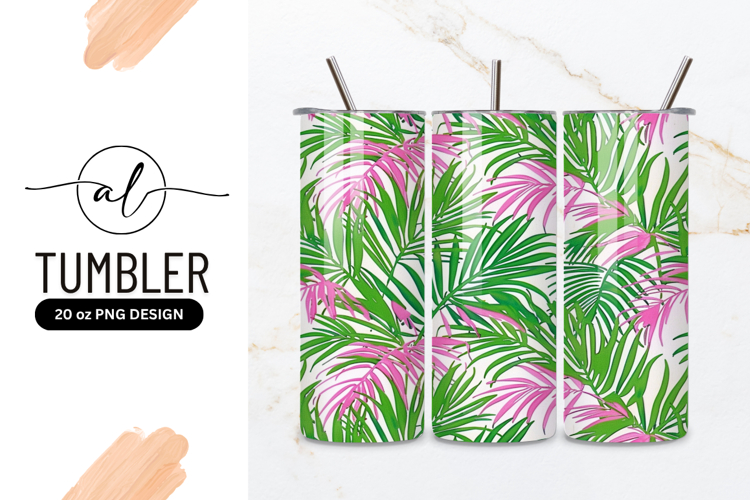 Green and Pink Palm Fronds Pattern on White Background