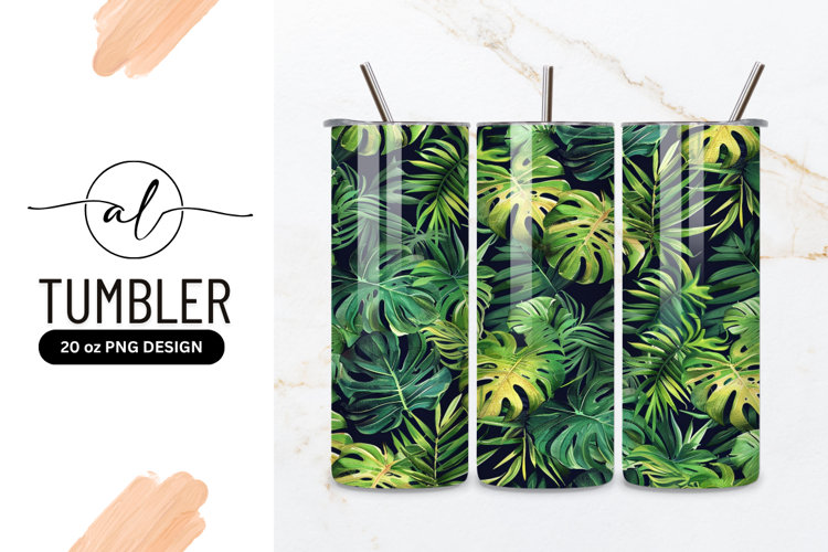 Lush Green Tropical Leaves Pattern on Dark Background