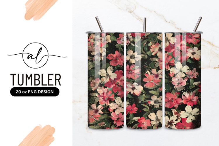 Floral Pattern with Red and White Flowers on Black