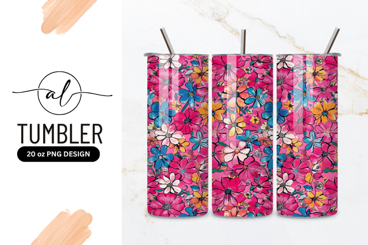 Bright Pink Floral Pattern with Blue Yellow and White Flower