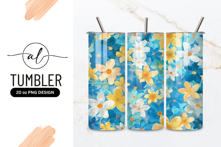 Watercolor Floral Pattern Blue Yellow White Flowers on Blue