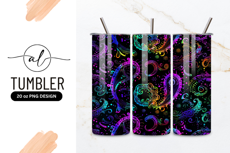 Neon Paisley Pattern on Black Background with Rainbow Colors