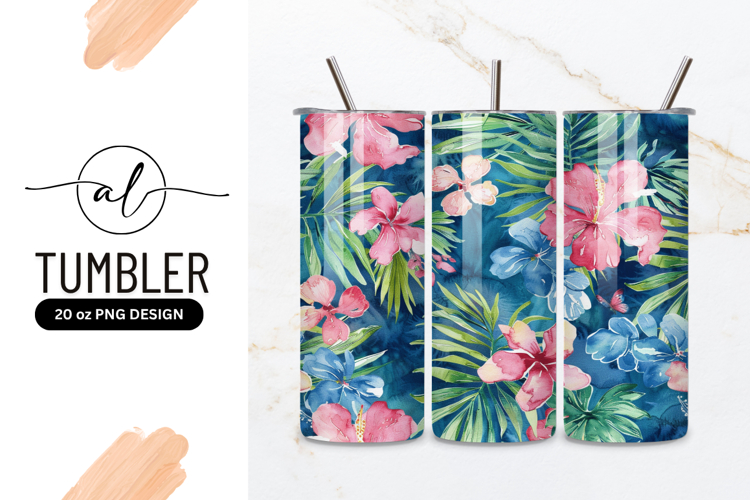 Watercolor Floral Pattern with Pink Blue Flowers and Green