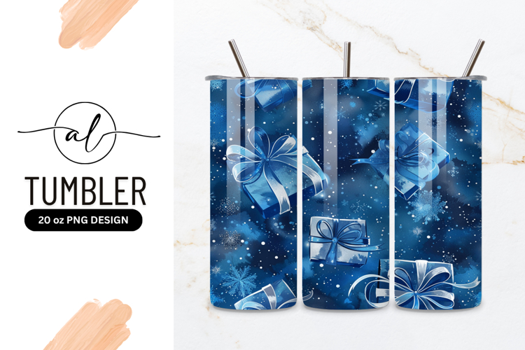 Blue Gift Boxes with Ribbons and Snowflakes on a Dark Blue