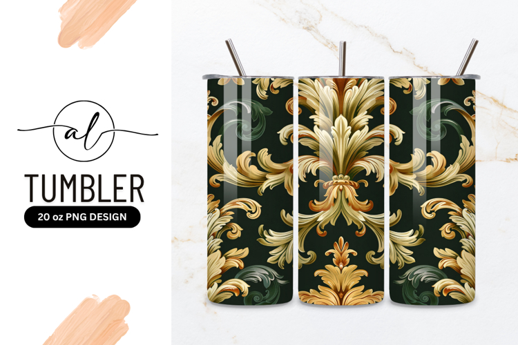 Ornate Gold and Green Floral Pattern on Dark Background