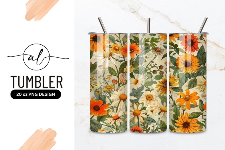 Vintage Floral Pattern with Orange Yellow and White Flowers