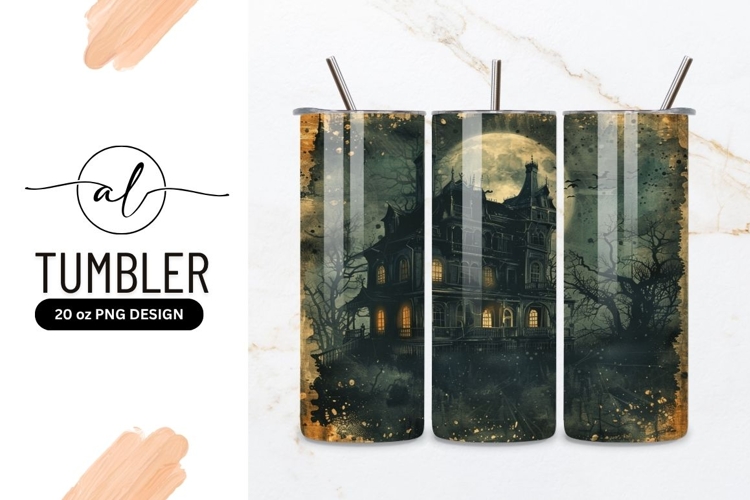 Spooky Haunted House Illustration with Full Moon and Bare