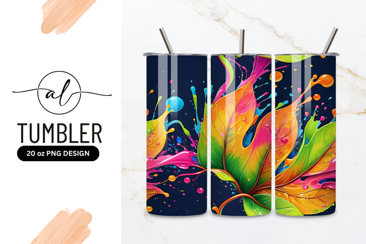Colorful Abstract Leaves with Paint Splashes on Dark Blue