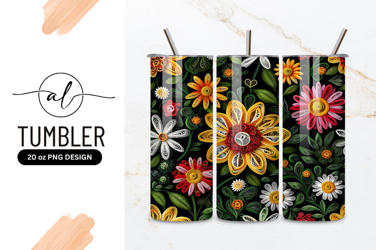 Colorful Quilled Paper Flowers and Green Leaves on Black