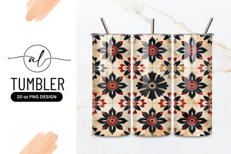 Floral Tile Pattern with Red Black and Beige Flowers