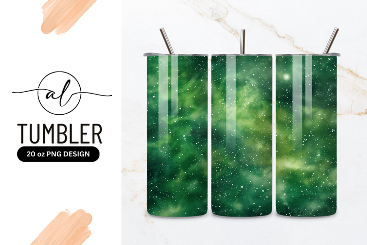 Green Galaxy Watercolor Background with White Stars
